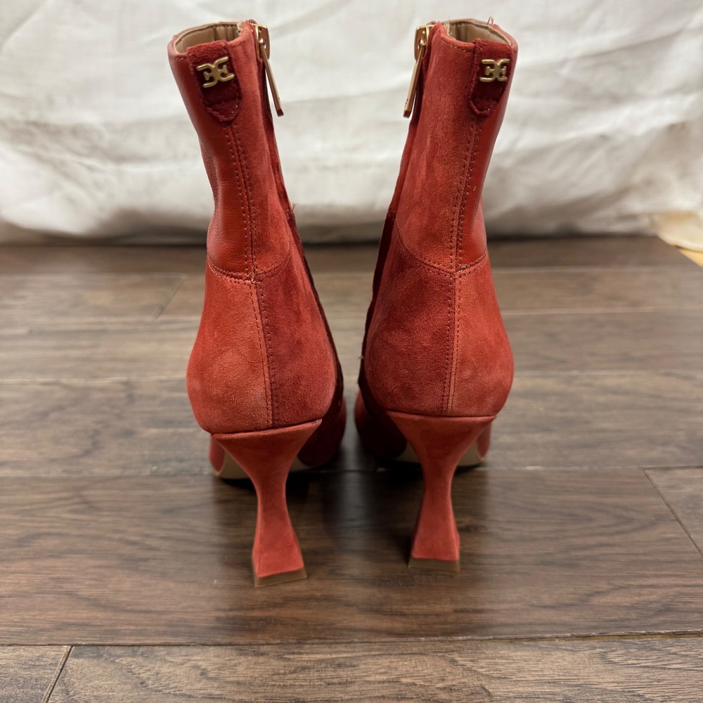 Sam Edelman Olina Patchwork Leather Suede Ankle Boots Red Flair Heel Square Toe - Picture 5 of 8